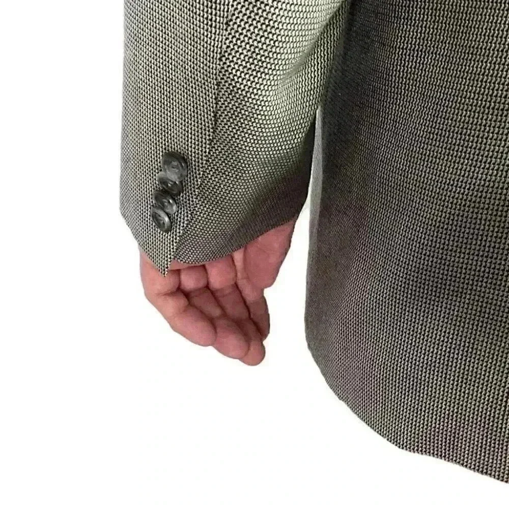 Stafford Blazer Jacket Men 48R Beige Black Check Silk Wool Classic Sport Coat